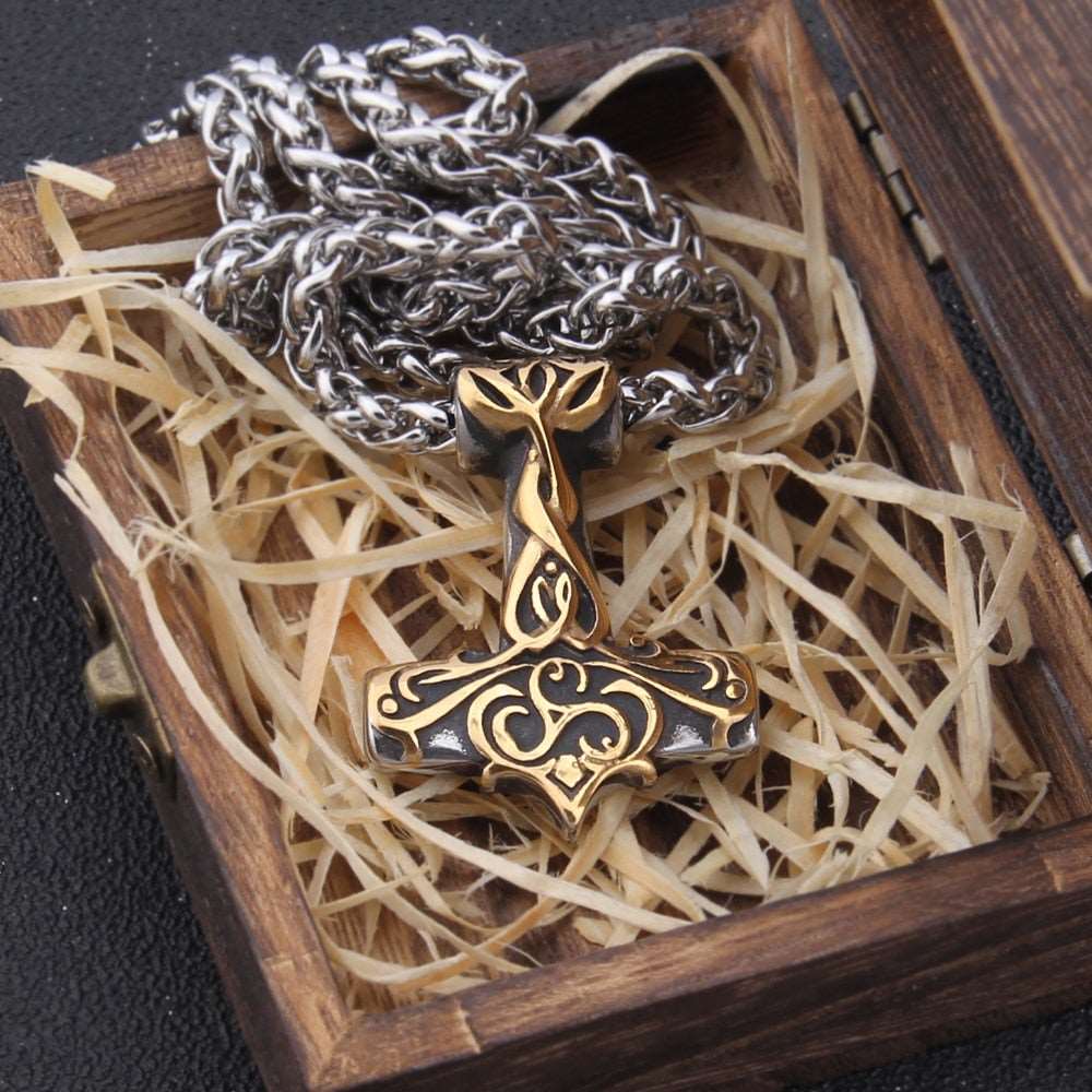 Gold and Silver Mjolnir Pendant With Helm Of Awe Necklace | Viking-Store